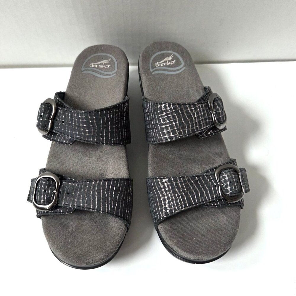 Dansko Sandals Women 38 Gray Pewter Embossed Leather Sophie Comfort Wedge 7.5 8 - Picture 5 of 13